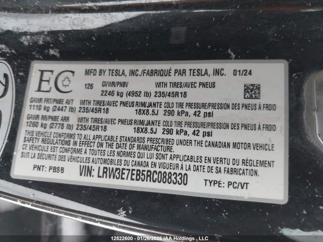 Aukcja sprzedaży 2024 Tesla Model 3 Long Range, vin: LRW3E7EB5RC088330, numer aukcji: 12522600