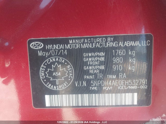 5NPDH4AE0EH532791 Hyundai ELANTRA GL