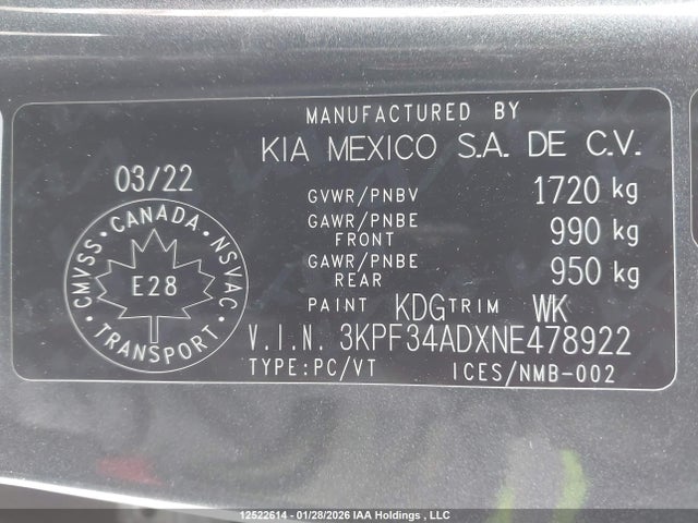 3KPF34ADXNE478922 KIA Forte Gt Line