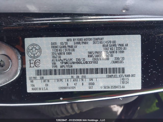 1FMCU9H90LUB33102 Ford ESCAPE SEL