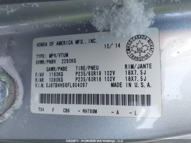 12522671 :رقم المزاد ، 5J8TB4H56FL804097 vin ، 2015 Acura Rdx Technology مزاد بيع