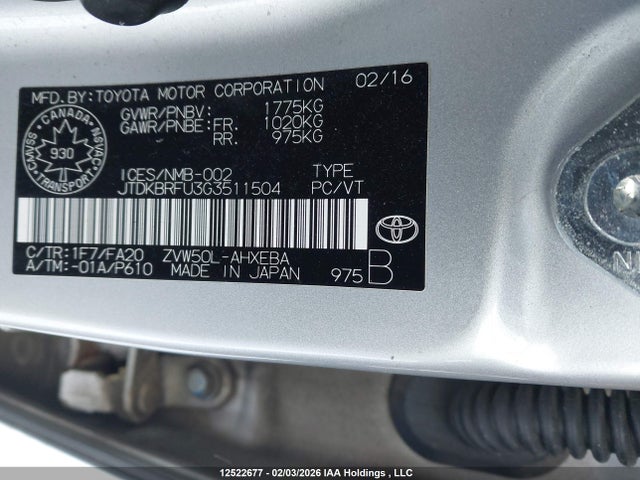 JTDKBRFU3G3511504 Toyota Prius Technology/touring
