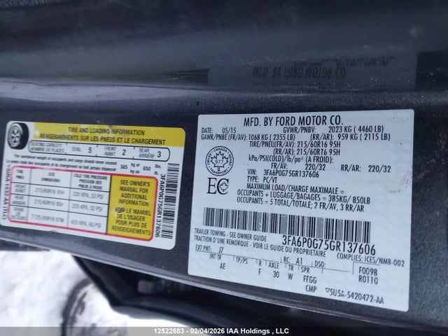 12522683 :رقم المزاد ، 3FA6P0G75GR137606 vin ، 2016 Ford Fusion S مزاد بيع