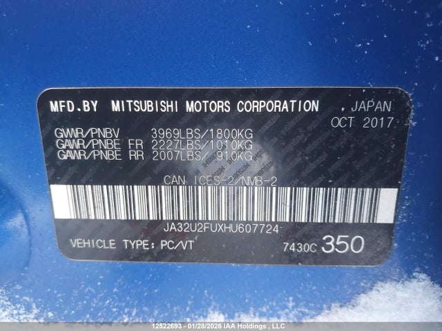 JA32U2FUXHU607724 Mitsubishi Lancer Es/se Anniversary Edition/se Black Edition/se Ltd