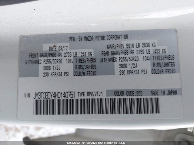 Продажа на аукционе авто 2017 Mazda Cx-9 Gt, vin: JM3TCBDY4H0140751, номер лота: 12522702