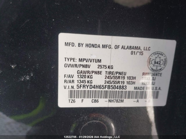 2015 Acura Mdx Technology Package მანქანა იყიდება აუქციონზე, vin: 5FRYD4H65FB504883, აუქციონის ნომერი: 12522705