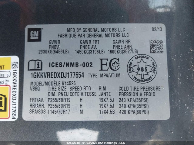Aukcja sprzedaży 2013 Gmc Acadia Slt1, vin: 1GKKVREDXDJ177654, numer aukcji: 12522748
