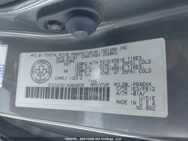 12522751 :رقم المزاد ، 5TDZA23C14S046638 vin ، 2004 Toyota Sienna Le V6 مزاد بيع