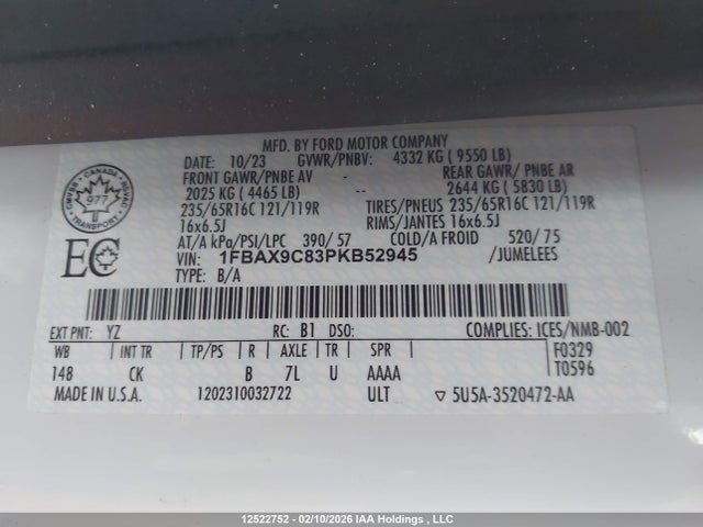 Aukcja sprzedaży 2023 Ford Transit, vin: 1FBAX9C83PKB52945, numer aukcji: 12522752