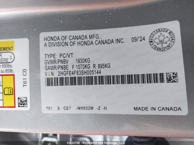 2025 Honda Civic Hybrid Sport/sport Touring მანქანა იყიდება აუქციონზე, vin: 2HGFE4F83SH005144, აუქციონის ნომერი: 12522758