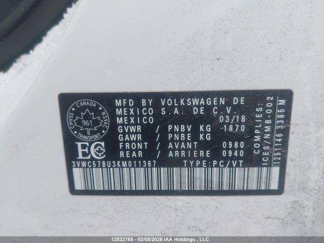 3VWC57BU3KM011367 Volkswagen Jetta S/se/r-line