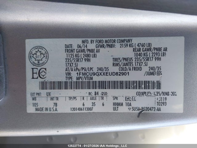 1FMCU9GXXEUD82901 Ford ESCAPE SE