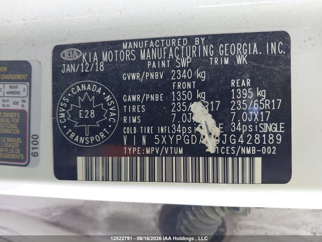 Продажа на аукционе авто 2018 Kia Sorento Lx/l, vin: 5XYPGDA36JG428189, номер лота: 12522791
