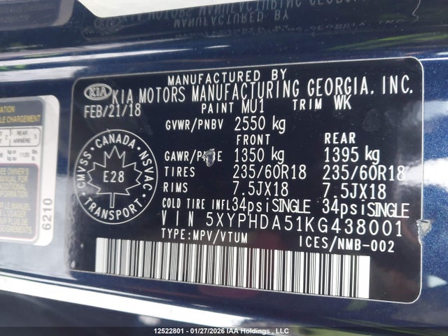5XYPHDA51KG438001 KIA Sorento Ex/ex Sport