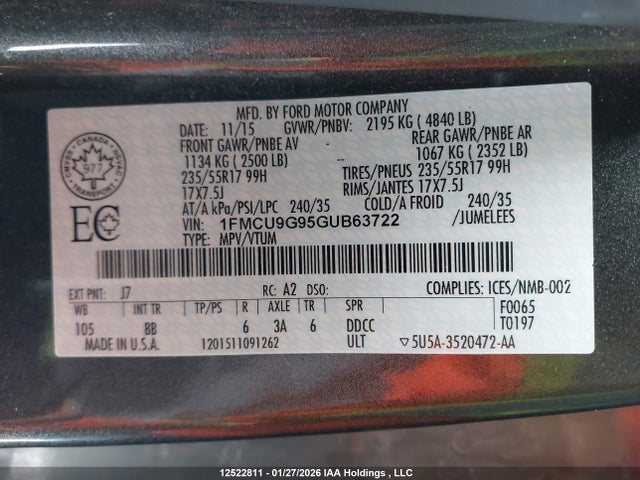 1FMCU9G95GUB63722 Ford ESCAPE SE
