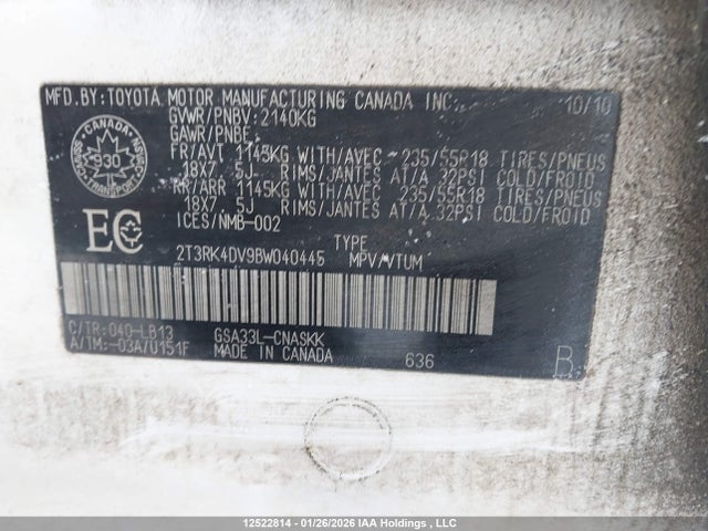 2011 Toyota Rav4 Sport მანქანა იყიდება აუქციონზე, vin: 2T3RK4DV9BW040445, აუქციონის ნომერი: 12522814