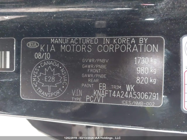 12522819 :رقم المزاد ، KNAFT4A24A5306791 vin ، 2010 Kia Forte مزاد بيع