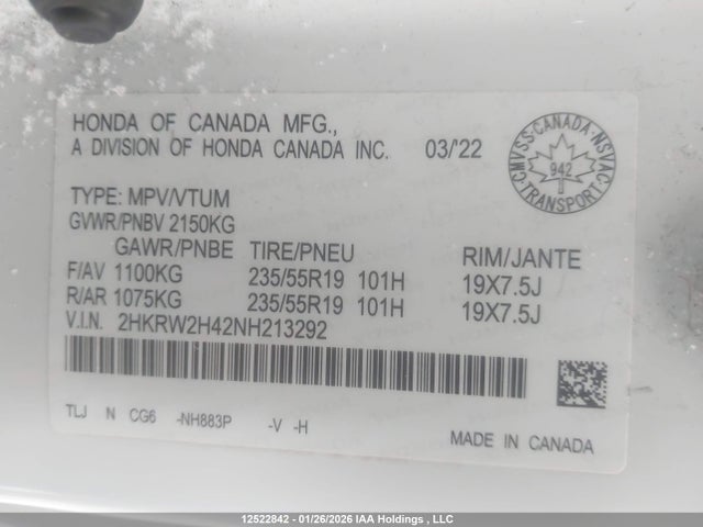 2HKRW2H42NH213292 Honda Cr-v Sport