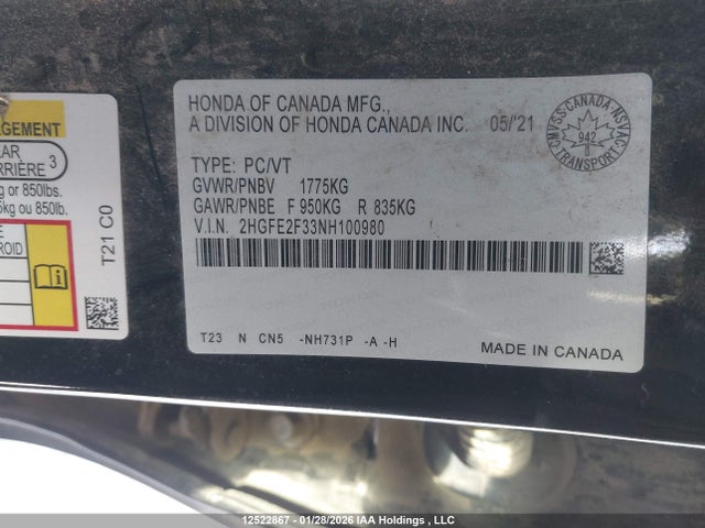 Aukcja sprzedaży 2022 Honda Civic Ex, vin: 2HGFE2F33NH100980, numer aukcji: 12522867