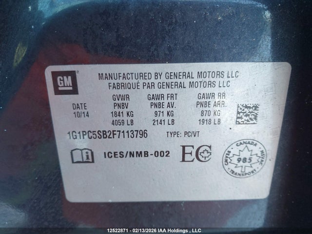 2015 Chevrolet Cruze 1lt მანქანა იყიდება აუქციონზე, vin: 1G1PC5SB2F7113796, აუქციონის ნომერი: 12522871