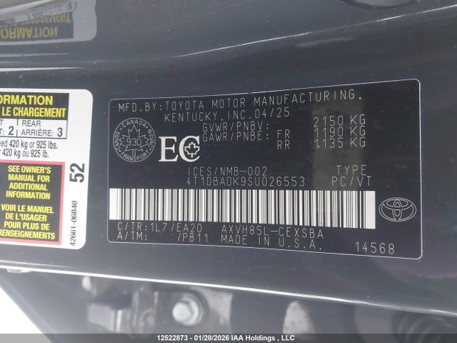 12522873 :رقم المزاد ، 4T1DBADK9SU026553 vin ، 2025 Toyota Camry Xse/xle/le/se مزاد بيع