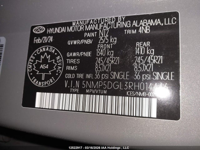 12522917 :رقم المزاد ، 5NMP5DGL3RH014446 vin ، 2024 Hyundai Santa Fe Calligraphy مزاد بيع