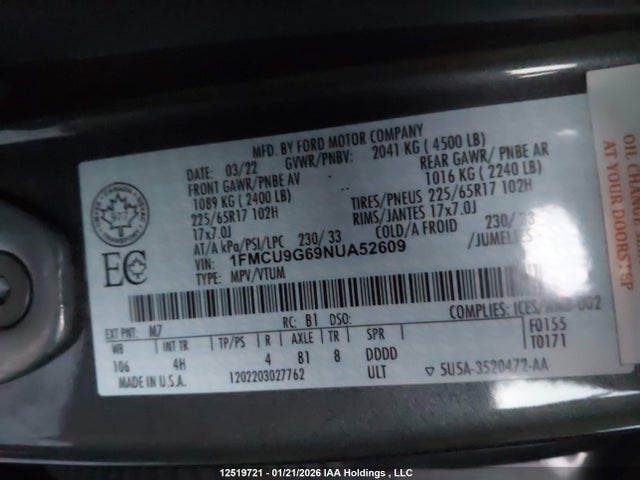 12519721 :رقم المزاد ، 1FMCU9G69NUA52609 vin ، 2022 Ford Escape Se مزاد بيع