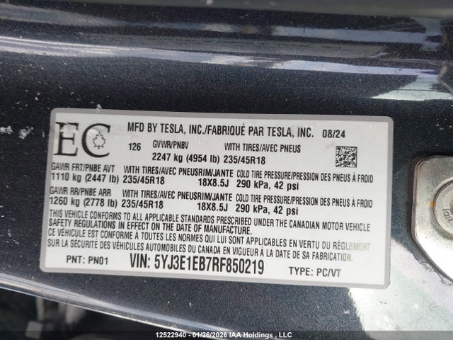 Aukcja sprzedaży 2024 Tesla Model 3 Long Range, vin: 5YJ3E1EB7RF850219, numer aukcji: 12522940