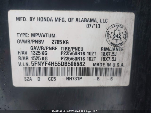 Aukcja sprzedaży 2013 Honda Pilot Ex-l, vin: 5FNYF4H55DB506682, numer aukcji: 12497264