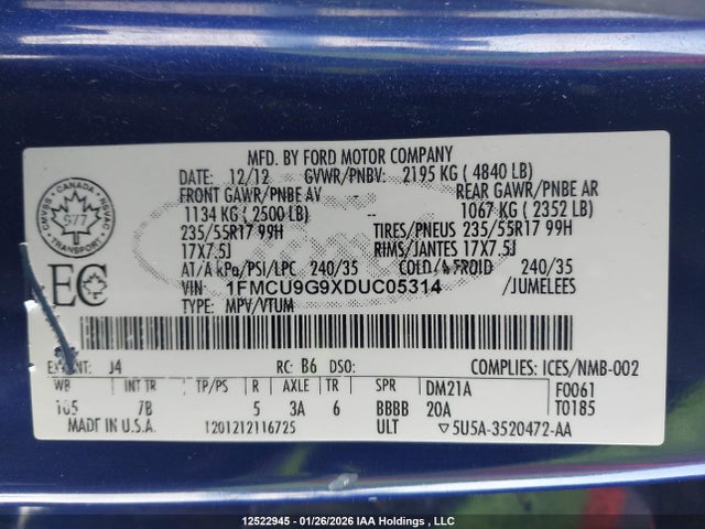 12522945 :رقم المزاد ، 1FMCU9G9XDUC05314 vin ، 2013 Ford Escape Se مزاد بيع