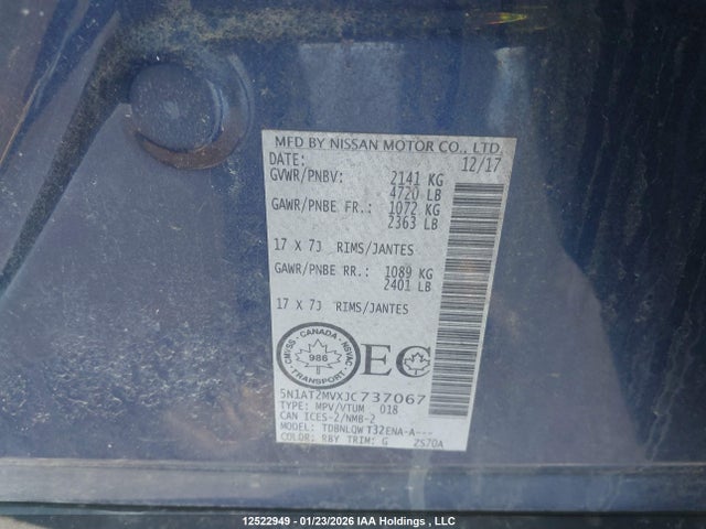 12522949 :رقم المزاد ، 5N1AT2MVXJC737067 vin ، 2018 Nissan Rogue Midnight Edition/s/sl/sl W/propilot Assist/sv مزاد بيع