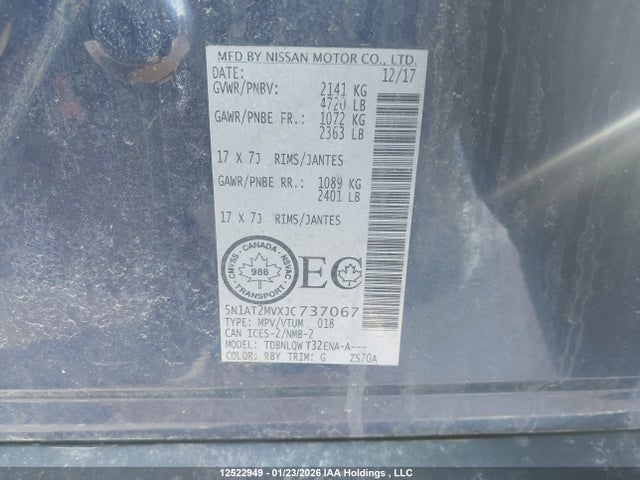 12522949 :رقم المزاد ، 5N1AT2MVXJC737067 vin ، 2018 Nissan Rogue Midnight Edition/s/sl/sl W/propilot Assist/sv مزاد بيع