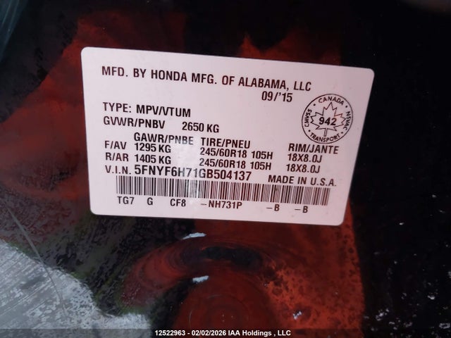 5FNYF6H71GB504137 Honda Pilot Ex-l Navi
