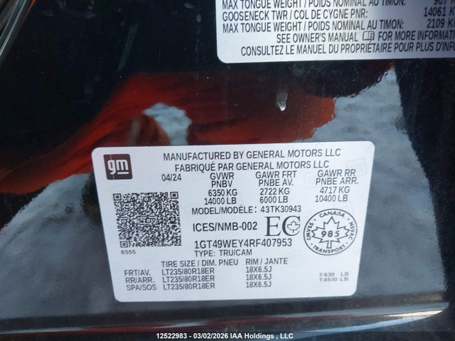 12522983 :رقم المزاد ، 1GT49WEY4RF407953 vin ، 2024 Gmc Sierra 3500 مزاد بيع