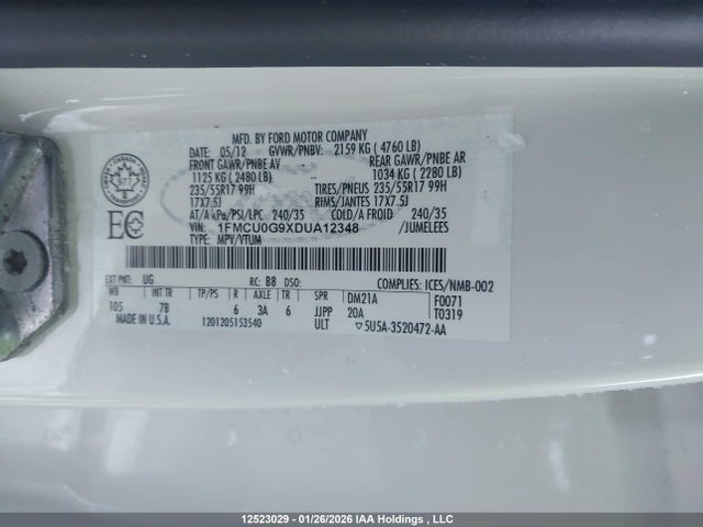12523029 :رقم المزاد ، 1FMCU0G9XDUA12348 vin ، 2013 Ford Escape Se مزاد بيع