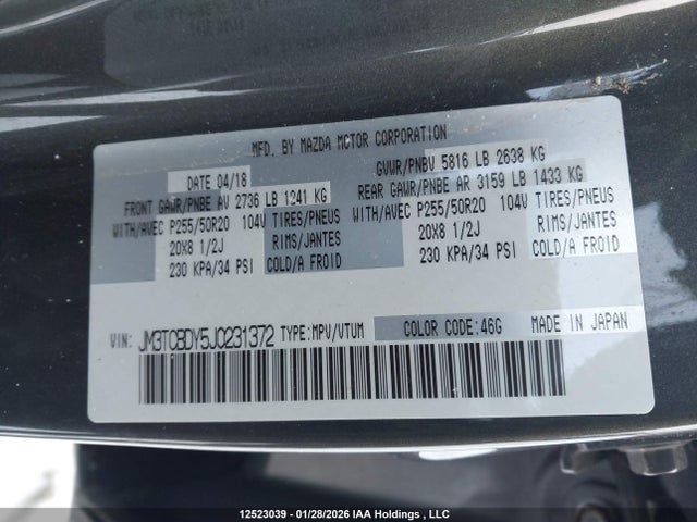 12523039 :رقم المزاد ، JM3TCBDY5J0231372 vin ، 2018 Mazda Cx-9 Gt مزاد بيع