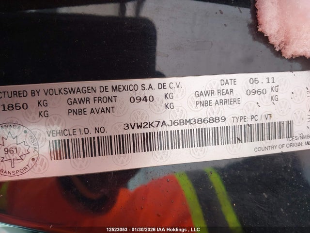 Aukcja sprzedaży 2011 Volkswagen Jetta S, vin: 3VW2K7AJ6BM386889, numer aukcji: 12523053