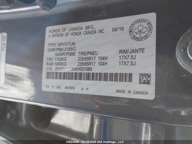 2HKRW1H34KH001989 Honda CR-V LX