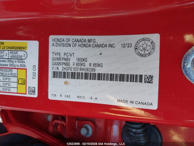 Auction sale of the 2024 Honda Civic Si Si, vin: 2HGFE1E51RH080389, lot number: 12523098
