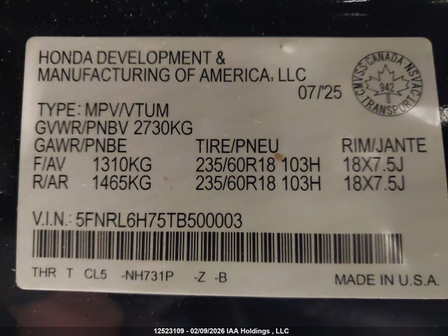5FNRL6H75TB500003 Honda Odyssey Sport-l
