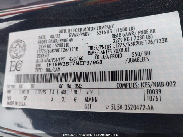 2022 Ford F350 Super Duty მანქანა იყიდება აუქციონზე, vin: 1FT8W3BT7NEF37968, აუქციონის ნომერი: 12523138