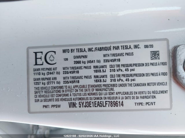 5YJ3E1EA5LF789614 Tesla Model 3 Standard Range Plus