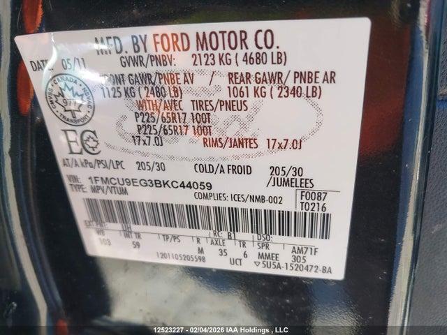Продаж на аукціоні авто 2011 Ford Escape Limited, vin: 1FMCU9EG3BKC44059, номер лоту: 12523227