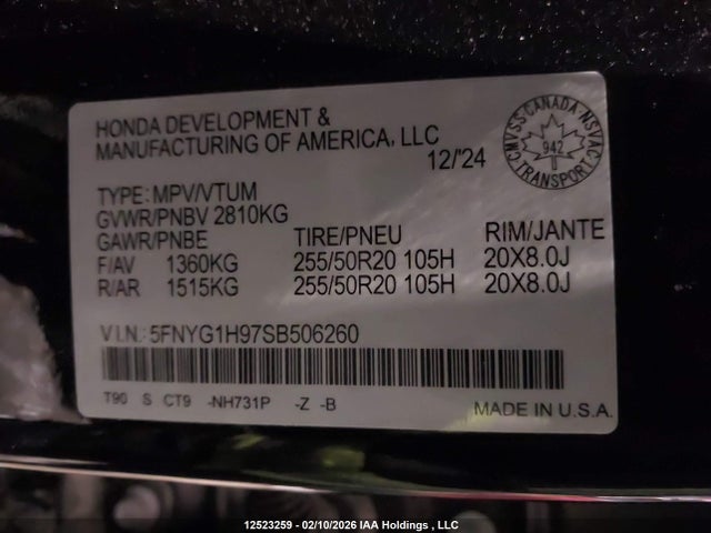 5FNYG1H97SB506260 Honda Pilot Black Edition