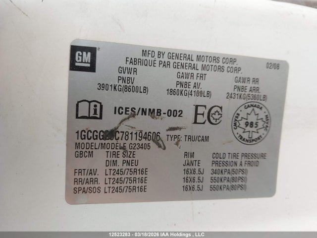 Aukcja sprzedaży 2008 Chevrolet Express Standard, vin: 1GCGG25C781194606, numer aukcji: 12523283