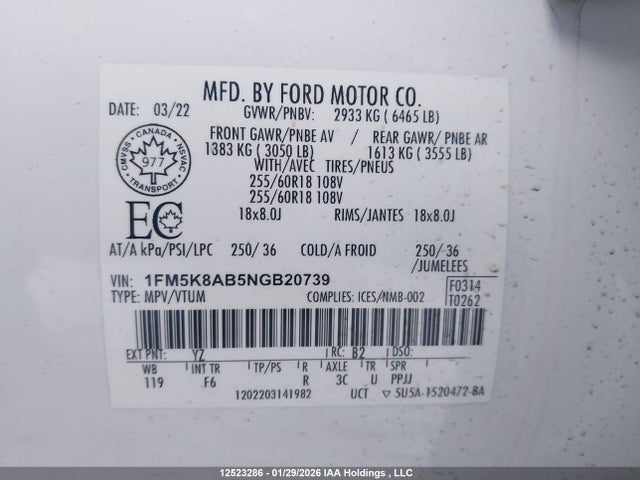 12523286 :رقم المزاد ، 1FM5K8AB5NGB20739 vin ، 2022 Ford Police Interceptor Utility مزاد بيع