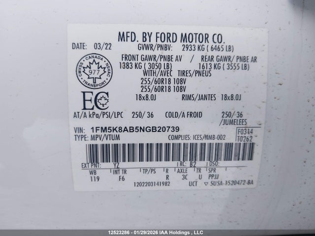 12523286 :رقم المزاد ، 1FM5K8AB5NGB20739 vin ، 2022 Ford Police Interceptor Utility مزاد بيع