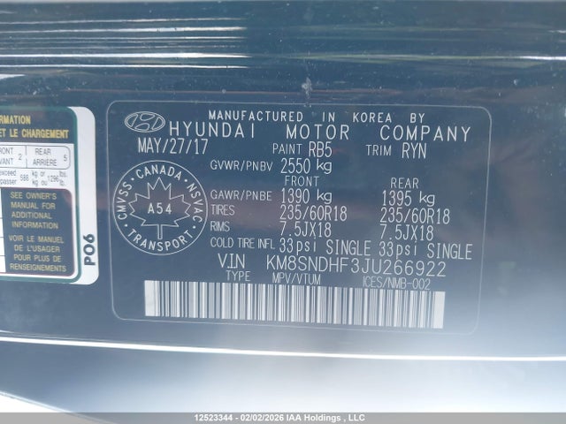 KM8SNDHF3JU266922 Hyundai Santa Fe Se/limited