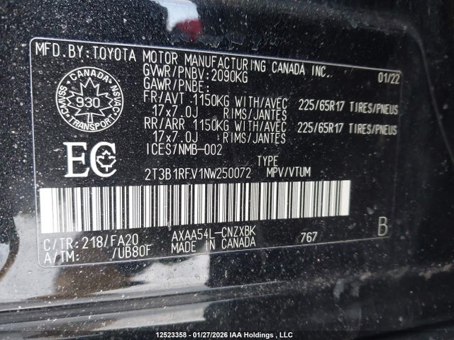 Aukcja sprzedaży 2022 Toyota Rav4 Le, vin: 2T3B1RFV1NW250072, numer aukcji: 12523358