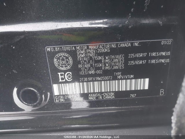 Aukcja sprzedaży 2022 Toyota Rav4 Le, vin: 2T3B1RFV1NW250072, numer aukcji: 12523358